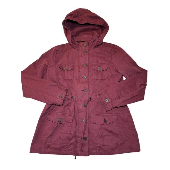 Blu Pepper Utility Hooded Jacket Button Zip Drawstring Maroon Women Size Medium - Picture 4 of 8